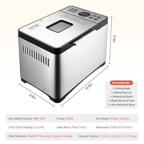VEVOR Bread Maker, 19-in-1 2LB Dough Machine, Nonstick Ceramic Pan Automatic Breadmaker with Gluten Free Setting, Whole Wheat Bread Making, Digital, Programmable, 3 Loaf Sizes, 3 Crust Colors