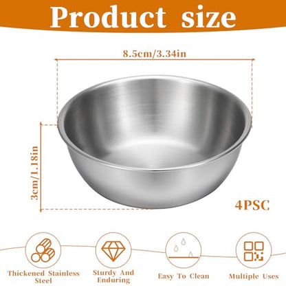 Alrhso 4 Pcs Small Stainless Steel Mixing Bowls Soy Sauce Dishes Mini Prep Bowl Individual Round Seasoning Salsa Bowls Reusable Dip Bowl for Appetizer(3.3inch, Silver)