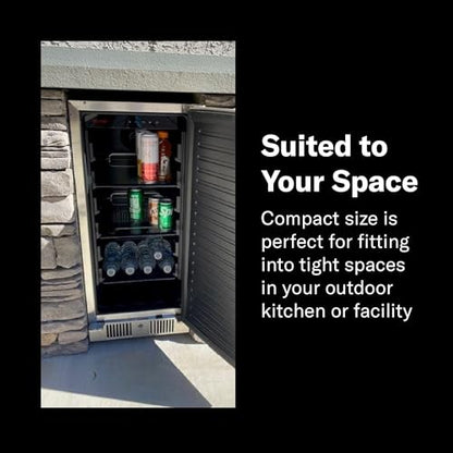Blaze 15-Inch Outdoor Rated Compact Refrigerator | 3.2 Cu. Ft. Stainless Steel Fridge with Reversible Door & Adjustable Shelves | UL Certified for Outdoor Use | BLZ-SSRF-15