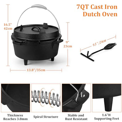 7QT Dutch Oven Camping with Lid Lifter, Leonyo 2 in 1 Cast Iron Dutch Oven for Outdoor Camping, Heavy Duty & Pre-Seasoned Deep Pot for Sourdough Bread Baking, Campfire Cooking