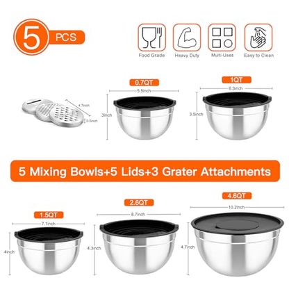TeamFar Mixing Bowls with Airtight Lids, 5PCS Stainless Steel Metal Salad Bowl with 3 Grater Attachments, for Cooking, Prepping, Serving, Healthy & Easy Clean - 0.7/1/1.5/2.6/4.6QT, Black