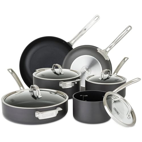 Viking Pots and Pans Set Non Stick, 10 Piece Hard Anodized Kitchen Cookware with Glass Lids, Black