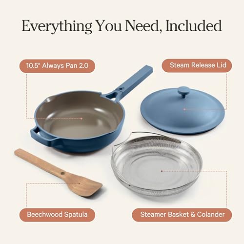 Our Place Always Pan 2.0-10.5” (2.6 Qt) Nonstick, Toxin-Free Ceramic Cookware | Patented 10-in-1 Aluminum Frying & Sauté Pan | Safe for Oven, Induction & All Cooktops up to 450°F | Blue Salt