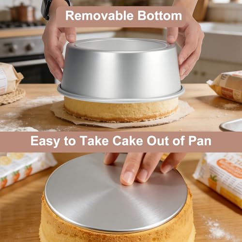 HomeMall Round Cake Pan with Removable Bottom, Set of 3 (6 x 3 inch/8 x 3 inch/10 x 3 inch), Aluminum Baking Pans for Layer Cakes, Evenly Heating Tools for Home Kitchen, Tapered Side