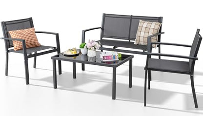 Shintenchi 4 Pieces Patio Furniture Set All Weather Textile Fabric Outdoor Conversation Set, with Glass Coffee Table, Loveseat, 2 Single Chairs for Home, Garden, Lawn, Porch（Gray）