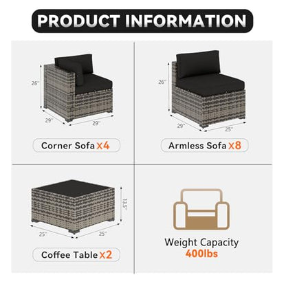 Aoxun Patio Furniture Sets, 14-Piece Outdoor Patio Furniture with 44'' Propane Gas Firepit Table, Wicker Outdoor Conversation Set Sectional Sofa for Backyard, Poolside, Garden