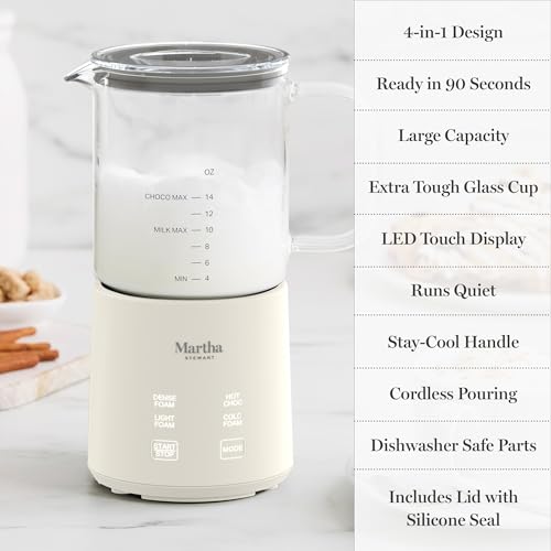 Martha Stewart Milk Frother and Steamer, 10oz/300ml Glass Cup, 4 Presets (Cold Foam, Light, Dense & Hot Chocolate), Ready in 90 Seconds, Cordless Pouring, One-Touch for Hot and Cold Milk, Linen Cream