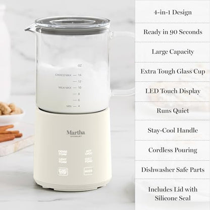 Martha Stewart Milk Frother and Steamer, 10oz/300ml Glass Cup, 4 Presets (Cold Foam, Light, Dense & Hot Chocolate), Ready in 90 Seconds, Cordless Pouring, One-Touch for Hot and Cold Milk, Linen Cream