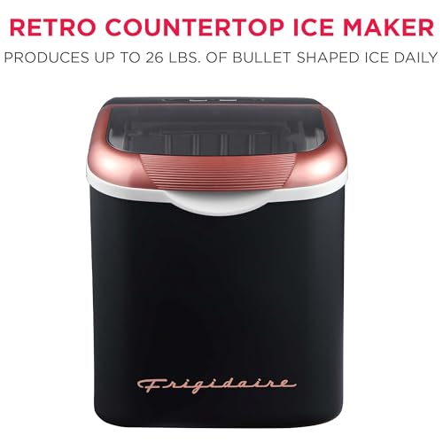 FRIGIDAIRE Retro Compact Ice Maker Machine, Bullet Ice, 26 lb per Day (BlackRoseGold)
