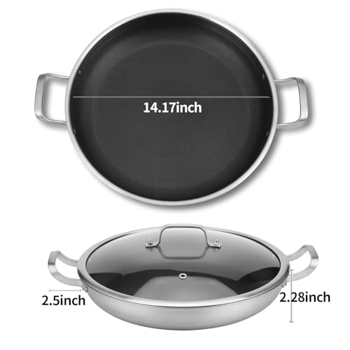 DELARLO 13 Inch Tri-Ply Stainless Steel Paella Pan with Lid Nonstick Frying Pan, Hybird Induction Large Skillets,Great for Paella Parties Indoors Outdoors,Heavy Duty Style