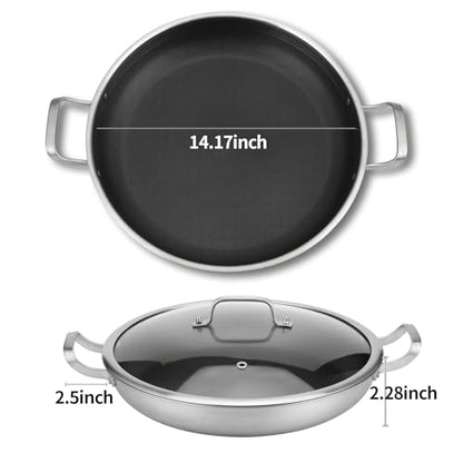 DELARLO 13 Inch Tri-Ply Stainless Steel Paella Pan with Lid Nonstick Frying Pan, Hybird Induction Large Skillets,Great for Paella Parties Indoors Outdoors,Heavy Duty Style