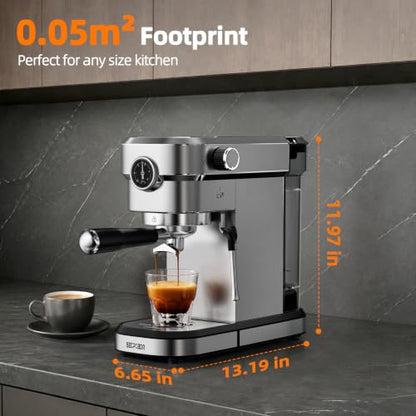SECPOEDR 20 Bar Compact Espresso Machine with Pressure Gauge, Stainless Steel Espresso Maker with Milk Frother, Coffee Machine for Cappuccino & Latte, Silver