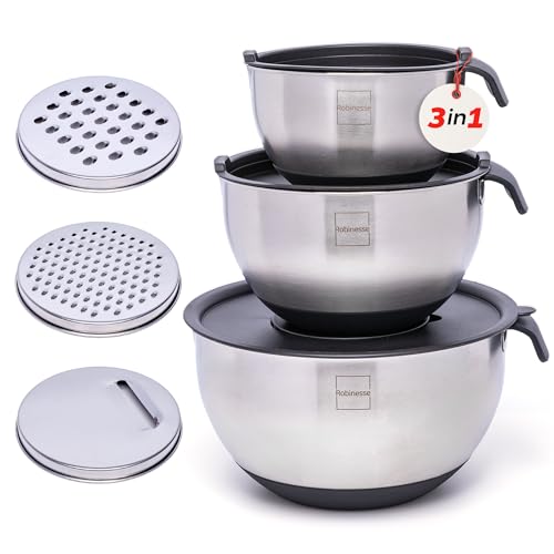 Robinesse Stainless Steel Mixing Bowls Set of 3, Large Nesting Bowls with Airtight Lids for Food Prep, Cooking, Baking, Salad, and Outdoor Dining (Black, 3 Pcs)