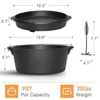 Camping Dutch Oven, 9 Qt Pre-Seasoned Cast Iron Camp Dutch Oven Pot with Lid - Lid Lifter, Cast Iron Dutch Oven with Metal Handle for Cooking BBQ Baking Campfire Modern Black
