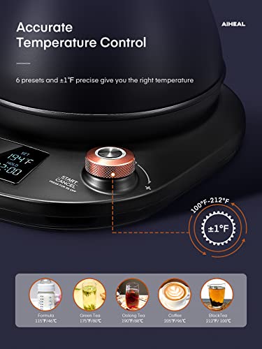Electric Gooseneck Kettle Temperature Control, Pour Over Electric Kettle for Coffee and Tea, 100% Stainless Steel Inner, 1200W Rapid Heating, 0.8L, Built-in Stopwatch, Matte Black