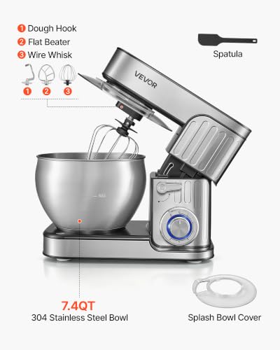 VEVOR 7.4 Qt Tilt Head Stand Mixer 500W Electric Dough Mixer