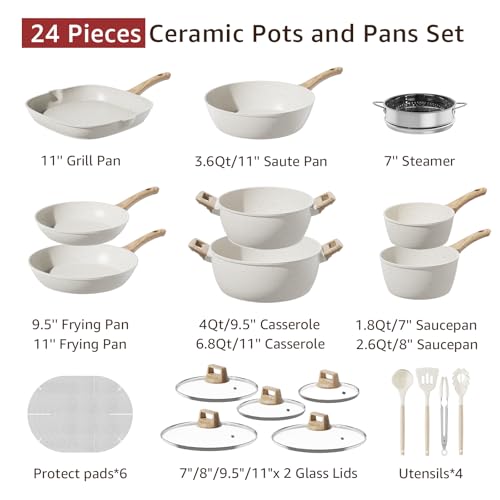 Bazova 24-Piece Pots and Pans Set Non Stick, Titanium-Reinforced Ceramic Cookware Set, Long-Lasting Nonstick,Non Toxic PFAS-Free, Induction Compatible, Complete Kitchen Set for Everyday Cooking