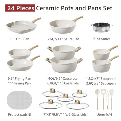 Bazova 24-Piece Pots and Pans Set Non Stick, Titanium-Reinforced Ceramic Cookware Set, Long-Lasting Nonstick,Non Toxic PFAS-Free, Induction Compatible, Complete Kitchen Set for Everyday Cooking