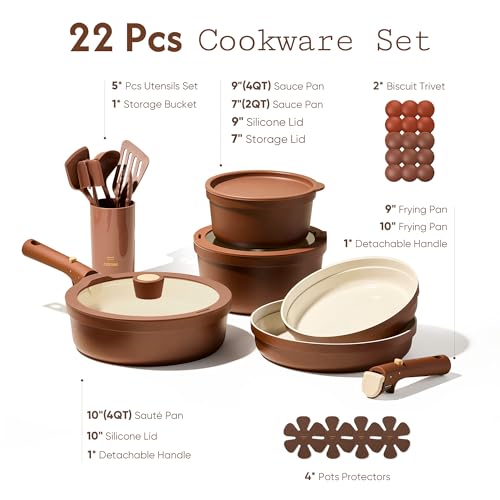 CAROTE 22Pcs Ceramic Cookware Set, Pots and Pans Set Non Stick Removable Handles, Non Toxic Cookware Oven/Dishwasher Safe, Induction Cookware, Gift Set, NonStick Cookware Set with Kitchen Essentials