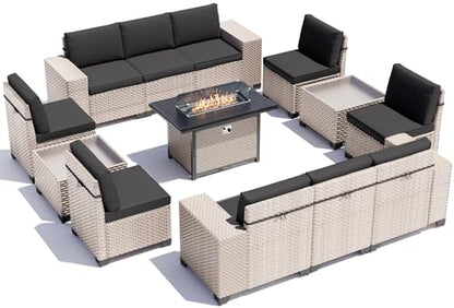 Aukreolis 13 Pieces Patio Furniture Set with Fire Pit Table, Outdoor Sectional Wicker Sofa with Thickened Cushions and Coffee Table, High Back Rattan Patio Conversation Sets, Black
