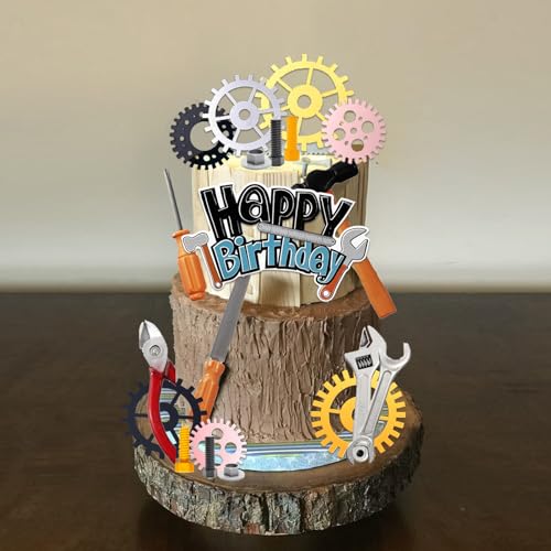 UFROMSKY 23pcs Tools Cake Toppers Toolbox Gear Wrench Hammer Drill Plier Cake Decorations with Happy Birthday Topper, for Boys Screwdrivers Themed Party Supplies