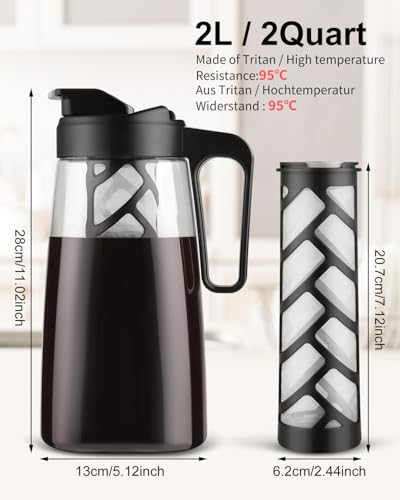 Sivaphe Large Ice Cold Coffee Maker 64 oz, Dishwasher Safty Traitan Carafe Pitcher Leak Proof, Iced Hot Coffee/Tea Brewer Method 2 Quart with Reusable Filter
