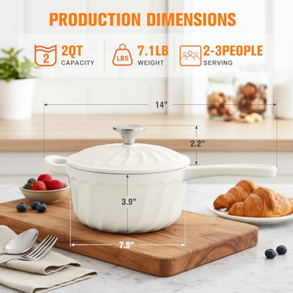 NSIRONS Enameled Cast Iron Sauce Pan, 2 Quart Saucepan with Lid, Small Cast Iron Pot Enamel Saucepan for Cooking Pasta Sauce, Gravy, Puddings, Marinate, Boiling (White)