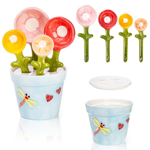 Coloch 5Pcs Ceramic Measuring Spoons and Cup, Flower Baking Scale Spoons with Base Set for Dry and Liquid Ingredient, 1/4 tsp, 1/2 tsp, 1 tsp, 1 Tbsp