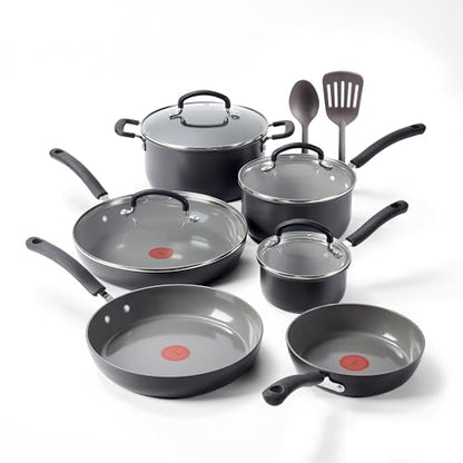 T-Fal Ultimate Hard Anodized 12-Piece Ceramic Nonstick Cookware Set, Oven Safe Up to 400°F, Ceramic Pots and Pans Set, Frying Pans, Saucepan, Stockpot, Cooking Utensils, Stone