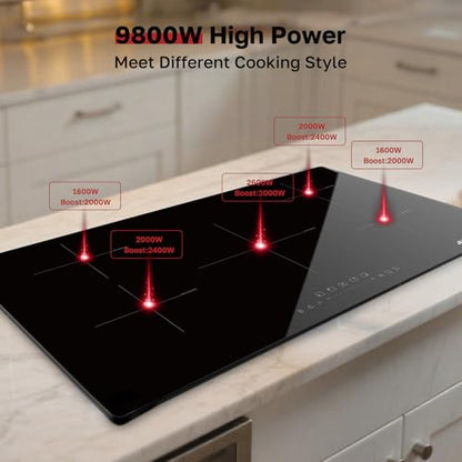 ThermoMate 36 Inch Induction Hob Electric Cooktop, 9800W Built in Induction Stove Top with 5 Boost Burners, 9 Heating Levels, Timer & Child Safety Lock, Sensor Touch Control, 240V