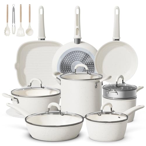24Pcs Pots and Pans Set Non Stick,Ceramic Cookware Set with 8Qt Stockpot,Titanium-Reinforced Long-Lasting Nonstick,PFAS-Free,Induction Compatible,Complete Kitchen Set for Batch Cooking & Family Meals