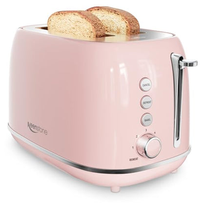 2 Slice Toaster Retro Stainless Steel with Bagel, Cancel, Defrost Function and 6 Bread Shade Settings Bread Toaster, Extra Wide Slot and Removable Crumb Tray (Pink)
