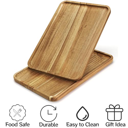 YOUEON Set of 2 Acacia Wood Serving Tray with Raised Edge, 14.2 x 9.5 Inch Rectangular Serving Tray, Appetizer Cheese Plate, Sandwich Dessert Trays, Wood Plates for Food, Coffee, Fruit, Cookie