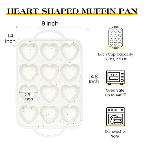 AOTASO 2 Pcs Heart Shaped Muffin Pan with Metal Reinforced Frame 12 Cup Nonstick Silicone Heart Cake Mold for Baking 2.5 Inch Cupcake Tray (Cream)