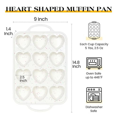 AOTASO 2 Pcs Heart Shaped Muffin Pan with Metal Reinforced Frame 12 Cup Nonstick Silicone Heart Cake Mold for Baking 2.5 Inch Cupcake Tray (Cream)