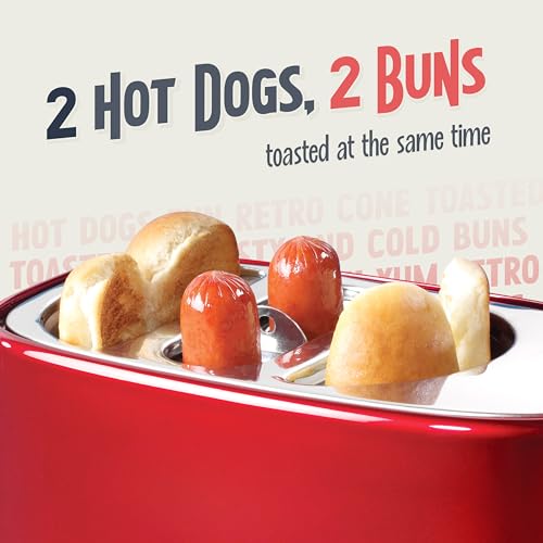 Nostalgia 2 Slot Hot Dog and Bun Toaster with Mini Tongs, Retro Hot Dog Toaster, Hot Dog Cooker that Works with Chicken, Turkey, Veggie Links, Sausages and Brats, Metallic Red