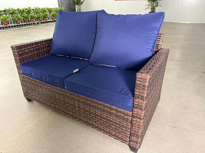Outdoor 2-Seat Rattan Loveseat,Water-Resistant Deep Cushions,Patio,Blue