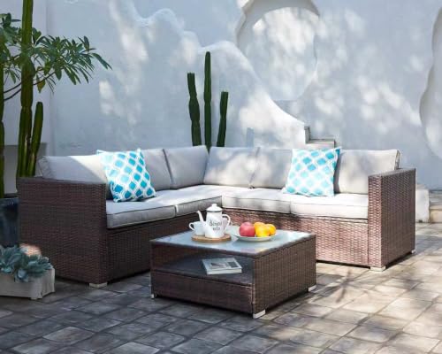 HOMEZILLIONS 6 Piece Outdoor Patio Furniture Sets, Modular Wicker Sectional Patio Furniture with Tempered Glass Coffee Table, Outdoor Sectional Sofa Set for Backyard, Poolside, Deck