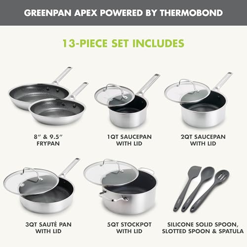 GreenPan Hybrid 13 Piece Nonstick Stainless Steel Cookware Set, APEX Tri-Ply Thermobond PFAS-Free Ceramic Pots & Pans, Induction & All Cooktop Compatible, Oven Temp to 850°F, Dishwasher Safe, Silver