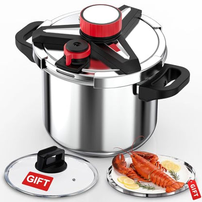 18/8 Stainless Steel Pressure Cooker 10 Quart, [One-Hand Locking] Pressure Cooker, [3-In-1] Olla de Presion, Induction Compatible, Gas Stovetop Compatible,Includes Glass Lid & Steamer Rack