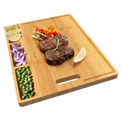 Bamboo Cutting Board with 3 Compartments: 17" Large Double-Sided Chopping Board with Juice Groove, Mess-Free Meal Prep for Meat, Vegetables & Fruits