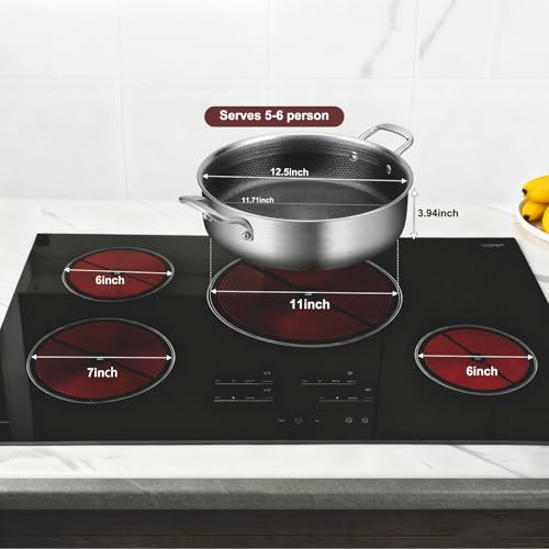 Tri-Ply Stainless Steel 7 Quarts Saute Pan, 12 Inch Nonstick Skillet with lids, Fast even Heat cookware, Hybird Large Frying Pan, 18/10 Chef's Cooking Pan, Induction Pan, Dishwasher and Oven Safe