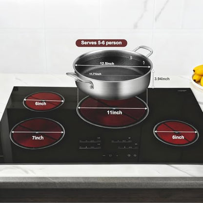 Tri-Ply Stainless Steel 7 Quarts Saute Pan, 12 Inch Nonstick Skillet with lids, Fast even Heat cookware, Hybird Large Frying Pan, 18/10 Chef's Cooking Pan, Induction Pan, Dishwasher and Oven Safe