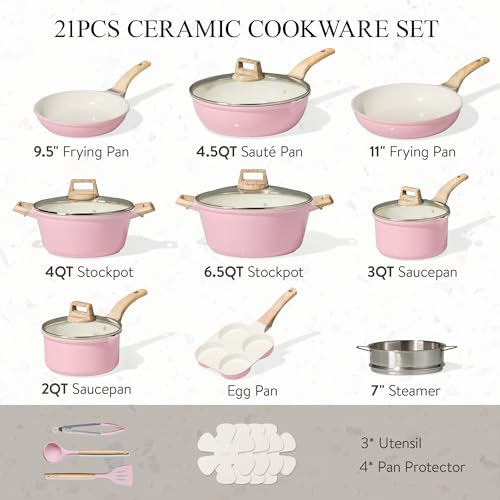 CAROTE 21 PCS Ceramic Cookware Set, Pots and Pans Set Non Stick, Pot and Pan Set with Frying pan, Induction Ready Cooking Set for Kitchen, PFOS/PFOA/PFAS Free, Pink
