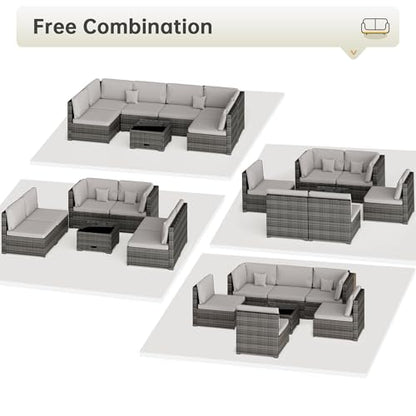 LHBcraft 7 Piece Patio Outdoor Furniture Set, Outdoor Sectional, All-Weather Hand-Woven Wicker Patio Sectional Sofa, Rattan Outside Furniture with Grey Cushion and Glass Coffee Table