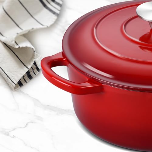 3QT Dutch Oven Pot with Lid, Leonyo 3 Quart Enameled Cast Iron Dutch Oven for Sourdough Bread Baking, Heavy Duty Cookware for Braising, Stews, Roasting, Red