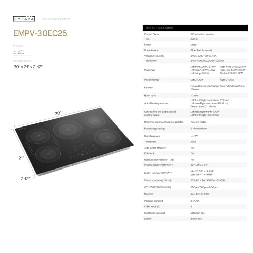Empava Flow 30“ Induction Cooktop 5 Burner, Drop-in, Hardwired