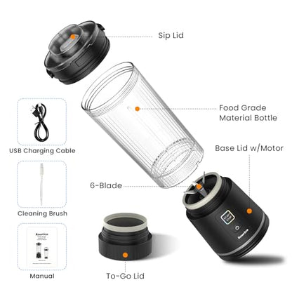 Personal Size Portable Blender for Shakes & Smoothies, 17oz Mini Small Smoothie Blender with On Go Lid & Sip Lid, 26000RPM Rechargeable Cordless Electric Blender for Travel Gym Office (Black)