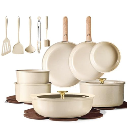 CAROTE 22PCS Pots and Pans set Non Stick, Ceramic Cookware Set, RV Kitchen Cooking Set Removable Handles, Oven Safe, Induction Coolware, Non-toxic Kitchen Cooking Set, PFAS and PFOA Free