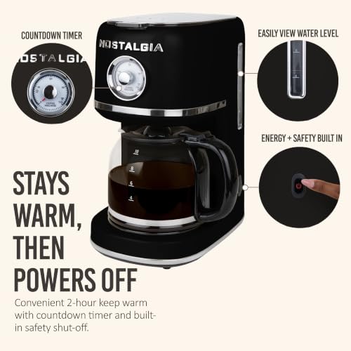 Nostalgia Classic Retro 10 Cup Coffee Maker - One-Touch Drip Brew, Reusable Filter - Anti-Drip, Auto Shutoff, & Time Display - Dishwasher Safe 50 oz Carafe - Black
